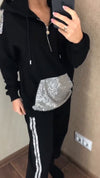Women Hooded Half Zipper Patchwork Sequined Sweatshirt+ Pants Casual Set