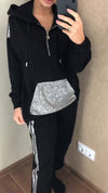 Women Hooded Half Zipper Patchwork Sequined Sweatshirt+ Pants Casual Set
