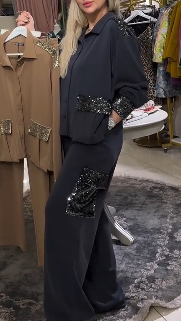 Women Collar Patchwork Sequin Loose Casual Suit