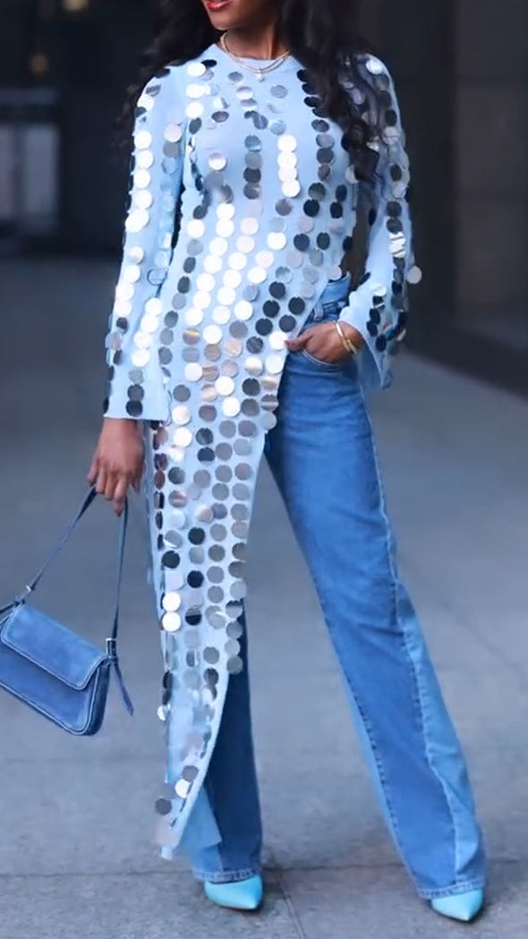 Women Round Neck Sequin Irregular Casual Long Top