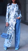Women Round Neck Sequin Irregular Casual Long Top