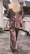 Women Collar Sequin Jacket+ Pants Temperament Casual Dinner Party Set