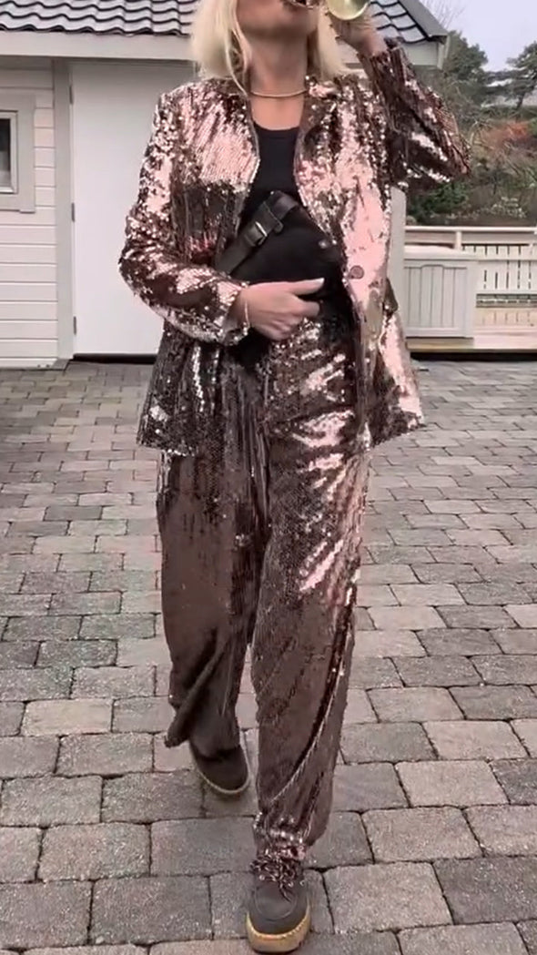 Women Collar Sequin Jacket+ Pants Temperament Casual Dinner Party Set