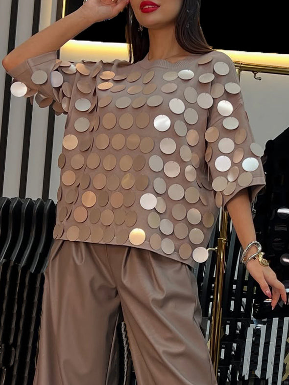 Women Round Neck Sequined Decorative Casual Top