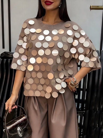 Women Round Neck Sequined Decorative Casual Top
