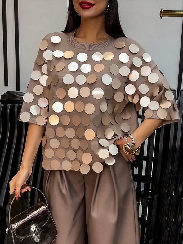 Women Round Neck Sequined Decorative Casual Top
