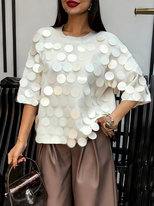 Women Round Neck Sequined Decorative Casual Top