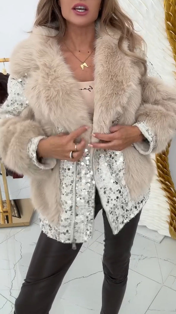 Womens Lapel Spliced Sequin Casual Plush Cotton Jacket