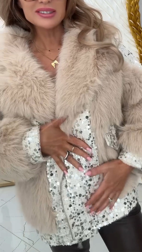 Womens Lapel Spliced Sequin Casual Plush Cotton Jacket