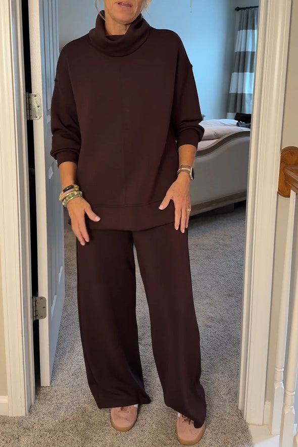 Women Turtleneck Top + Pants Solid Color Casual Suit