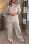 Women Turtleneck Top + Pants Solid Color Casual Suit