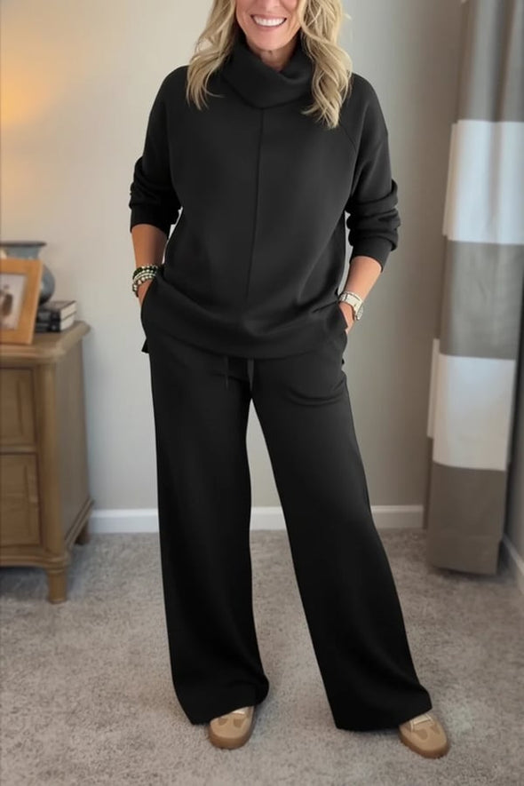 Women Turtleneck Top + Pants Solid Color Casual Suit