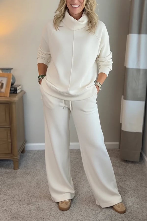 Women Turtleneck Top + Pants Solid Color Casual Suit
