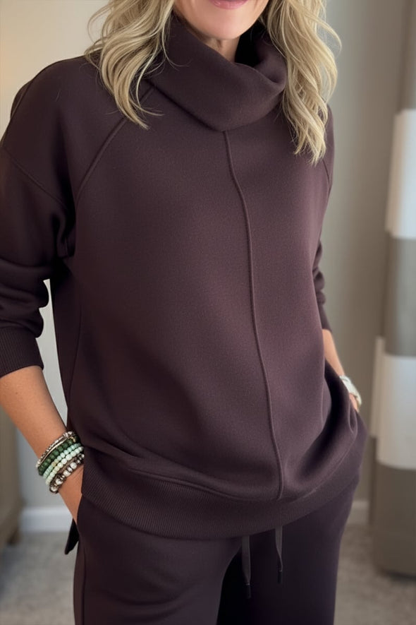 Women Turtleneck Top + Pants Solid Color Casual Suit