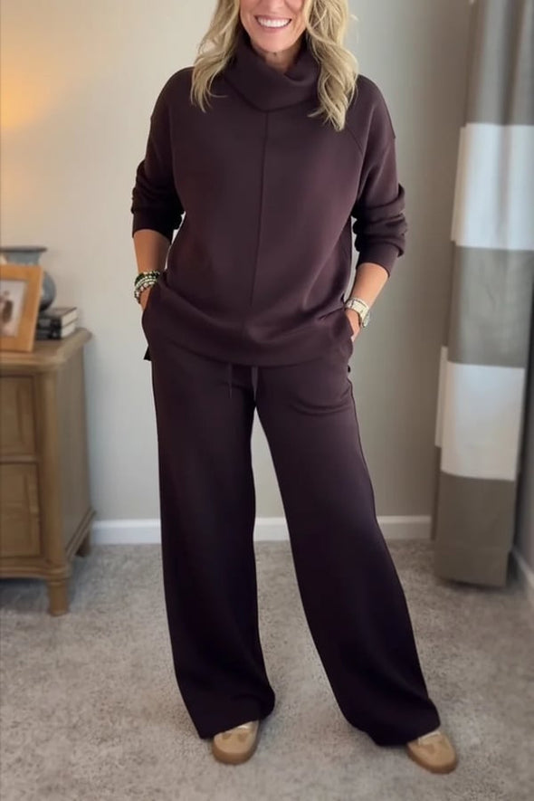 Women Turtleneck Top + Pants Solid Color Casual Suit