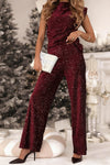 Women Round Neck Sequined Top + Pants Casual Dinner Party Set