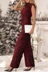 Women Round Neck Sequined Top + Pants Casual Dinner Party Set