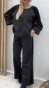 Women Round Neck Spliced sequin Sleeve Top + Pants Casual Suit
