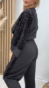 Women Round Neck Spliced sequin Sleeve Top + Pants Casual Suit