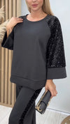 Women Round Neck Spliced sequin Sleeve Top + Pants Casual Suit