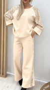 Women Round Neck Spliced sequin Sleeve Top + Pants Casual Suit