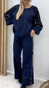Women Round Neck Spliced sequin Sleeve Top + Pants Casual Suit