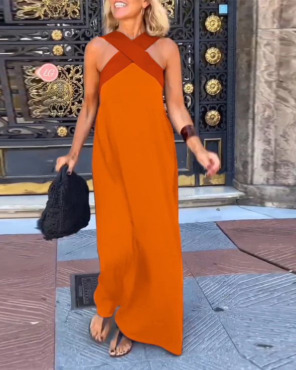 Women's Cross Halter Neck Sleeveless Stitching Dress