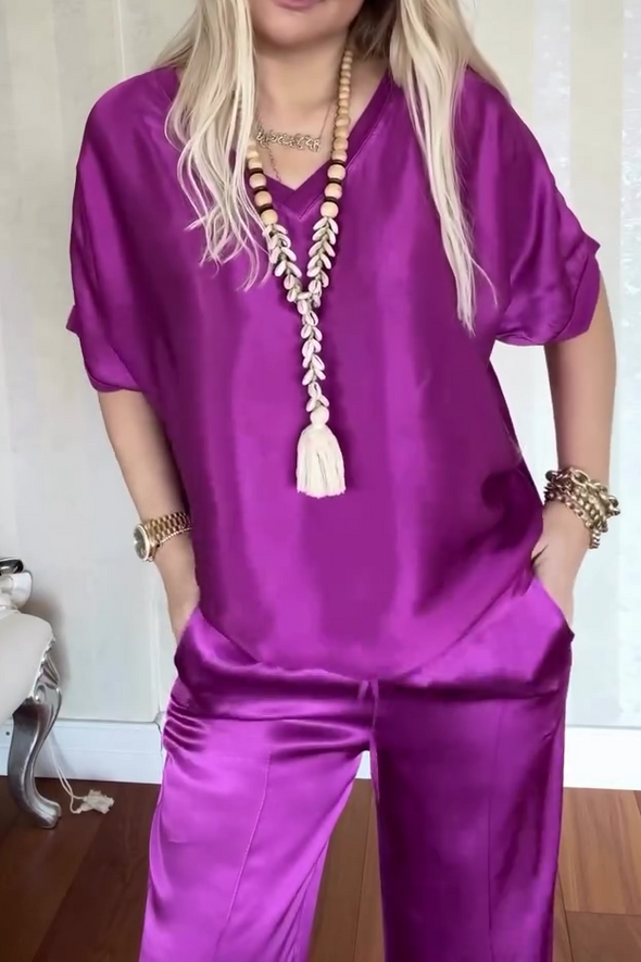 Women's Casual Comfortable V-neck Satin Short-sleeved Two-piece Suit