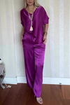 Women's Casual Comfortable V-neck Satin Short-sleeved Two-piece Suit
