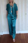 Women's Casual Comfortable V-neck Satin Short-sleeved Two-piece Suit