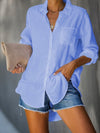 Solid Casual Cotton-Blend Shirt Collar Tunic Blouse