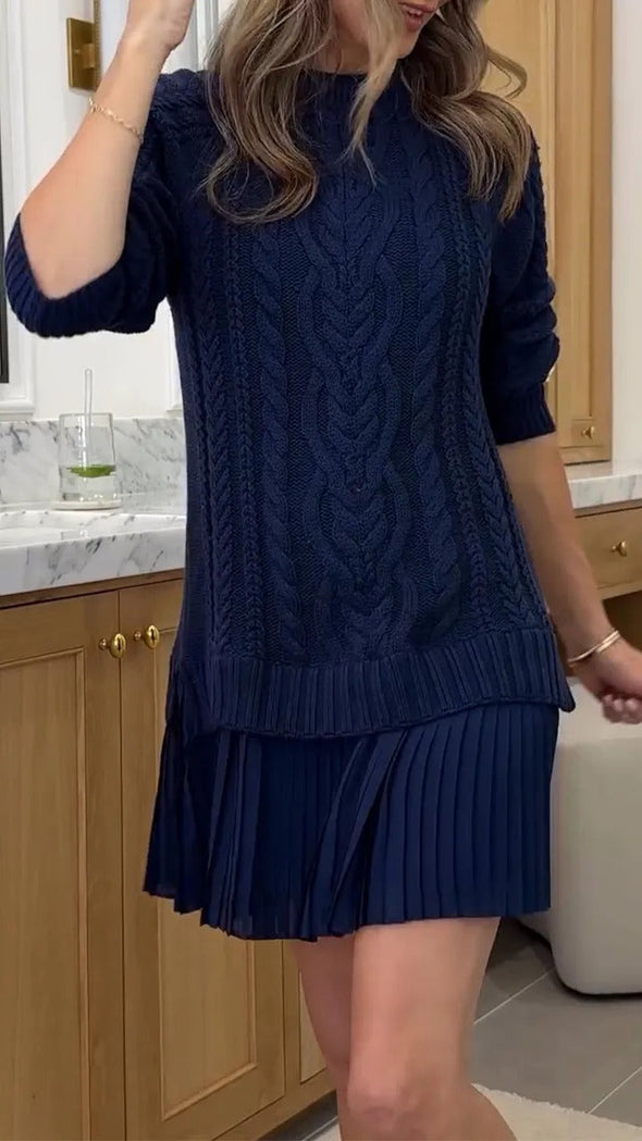 Women Round Neck Sweater Spliced casual Dress