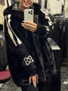 Women Plush Hooded Vertical Stripe Printed Casual Coat