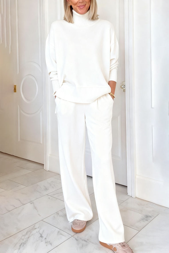 Women High-neck Stitching Knitted Side Zipper Top + Pants Casual Suit