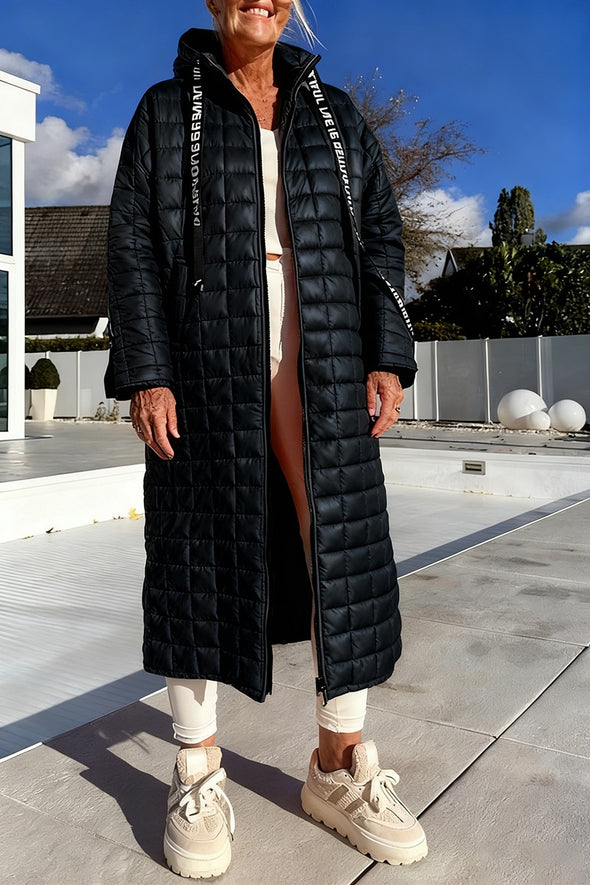 Women Hooded Drawstring Plaid Sleeve Zipper Design Casual Long Coat