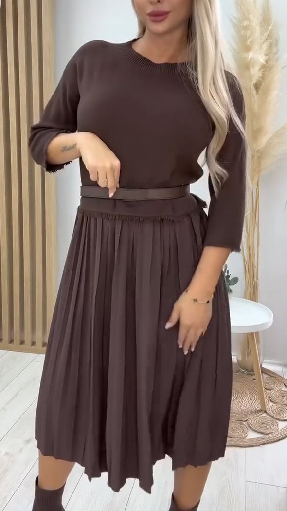 Ladies Round Neck Spliced Solid Color Casual Dress