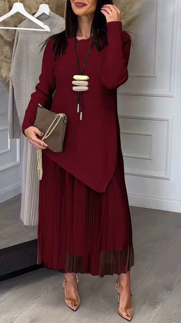 Ladies Inner Mesh Pleated Dress+ Irregular Knitted Sweater Casual Set