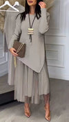 Ladies Inner Mesh Pleated Dress+ Irregular Knitted Sweater Casual Set