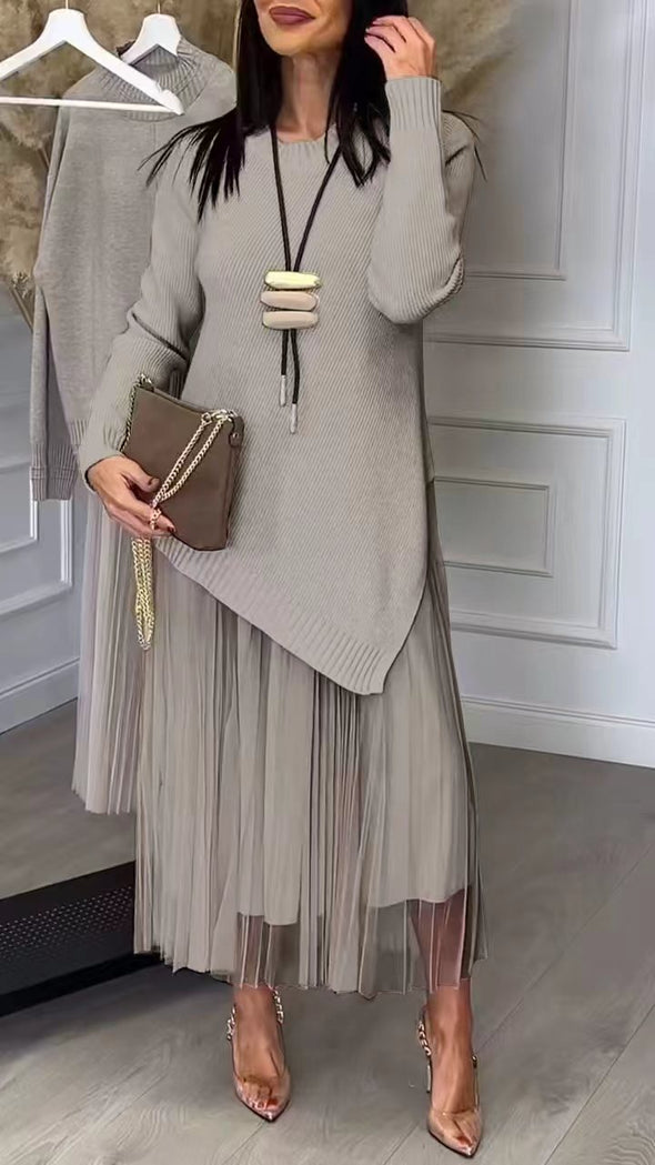 Ladies Inner Mesh Pleated Dress+ Irregular Knitted Sweater Casual Set
