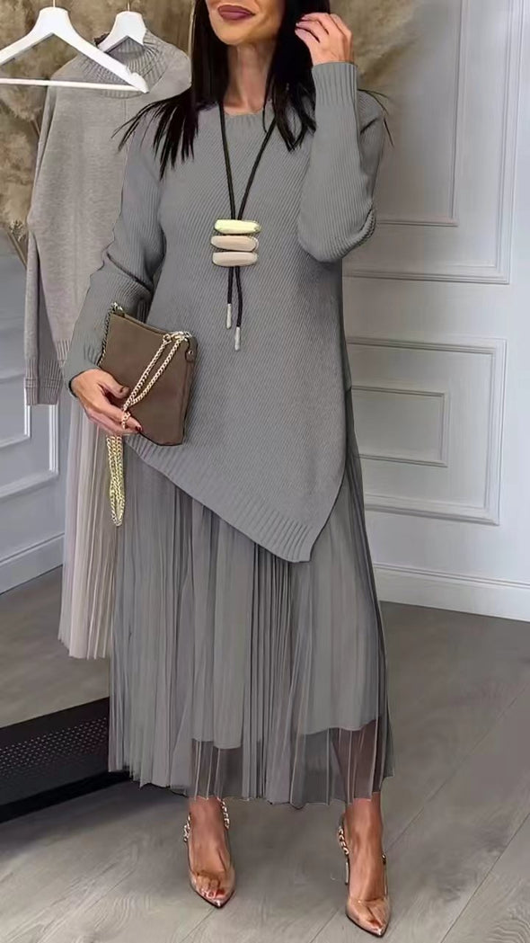 Ladies Inner Mesh Pleated Dress+ Irregular Knitted Sweater Casual Set