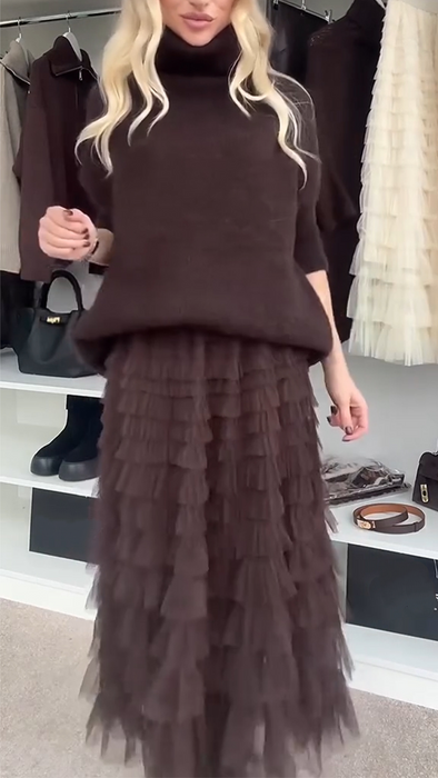 Women Turtleneck Sweater + Spliced Mesh Skirt Casual Suit