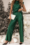 Women Round Neck Sequined Top + Pants Casual Dinner Party Set