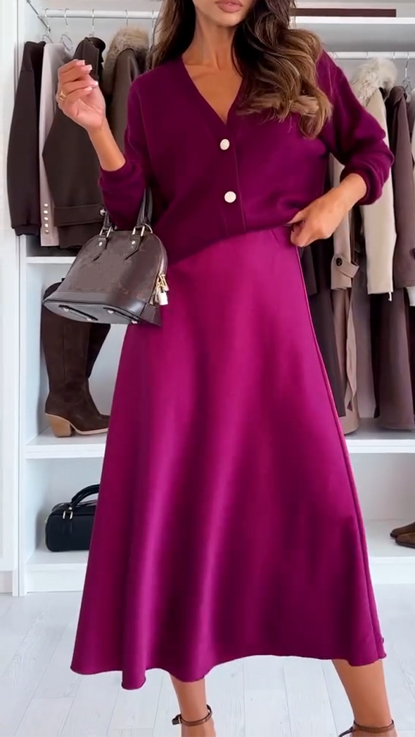 Women V-neck Knitted Top + Skirt Casual Set