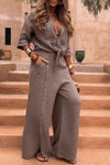 Women's Lapel Slit Button Cotton and Linen Casual Suit