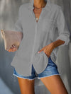Solid Casual Cotton-Blend Shirt Collar Tunic Blouse