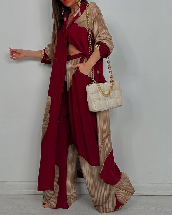 Women's V-neck Patchwork Printed Top and Pants Commuting Casual Suit