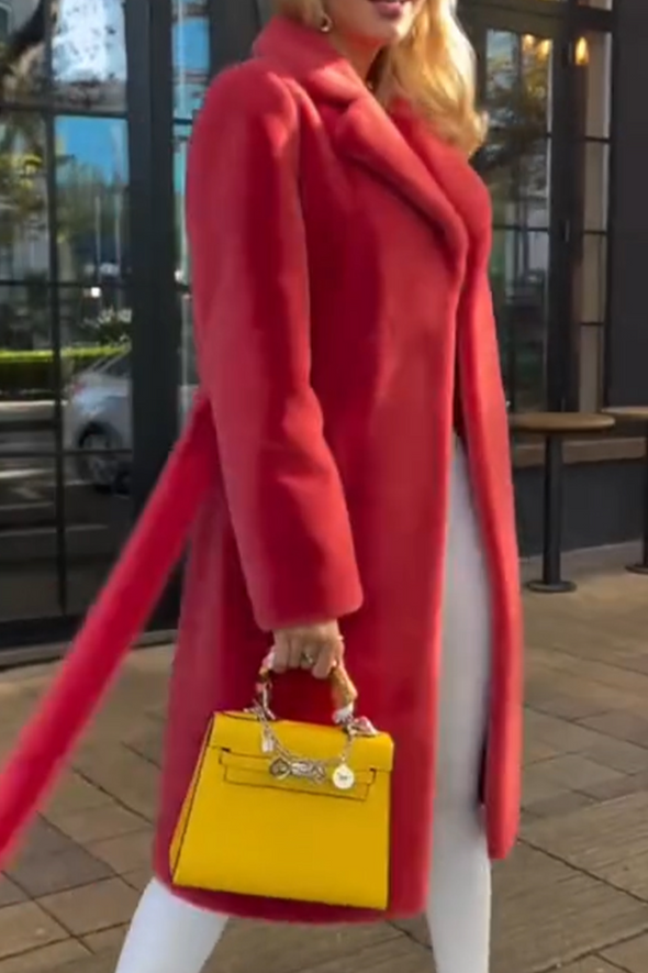 Women Lapel Solid Color Casual Plush Coat