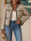 Women's Round Neck Long Sleeve Plaid Elegant Jacket
