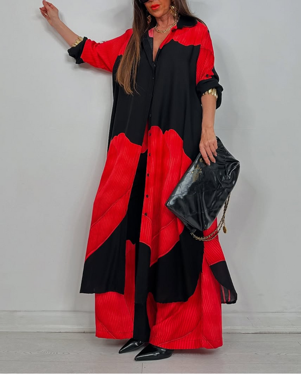 Women's V-neck Patchwork Printed Top and Pants Commuting Casual Suit