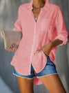 Solid Casual Cotton-Blend Shirt Collar Tunic Blouse